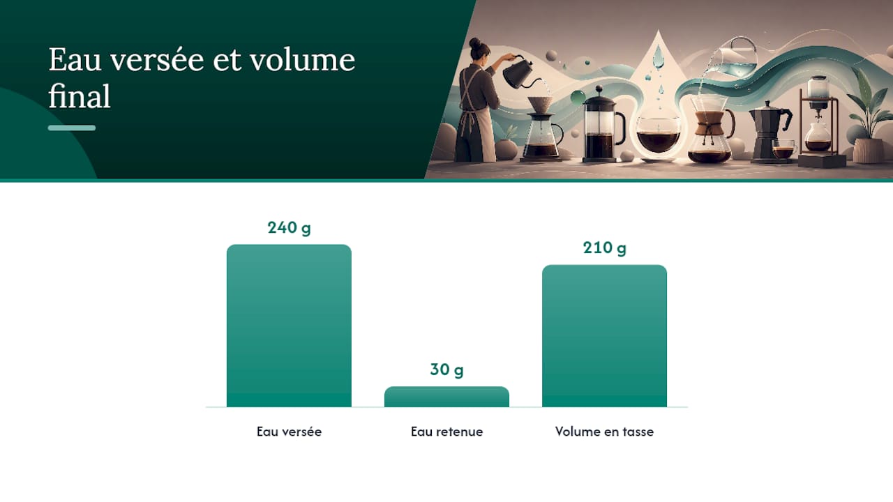 Eau versée, absorption du marc et volume final