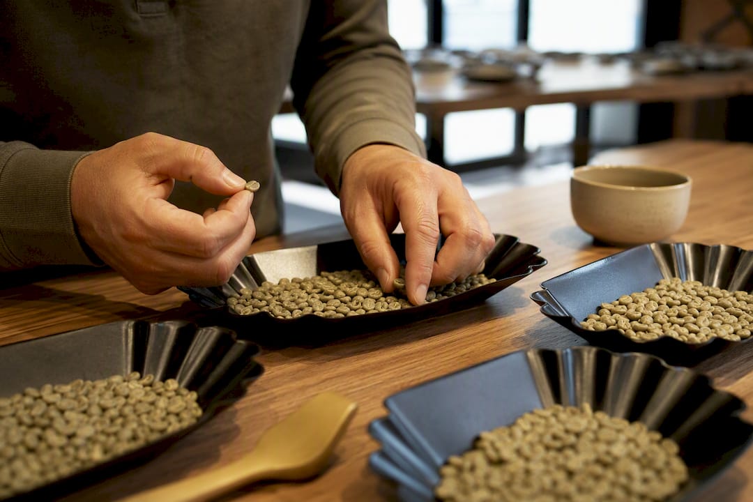 Hands comparing green coffee lot samples
