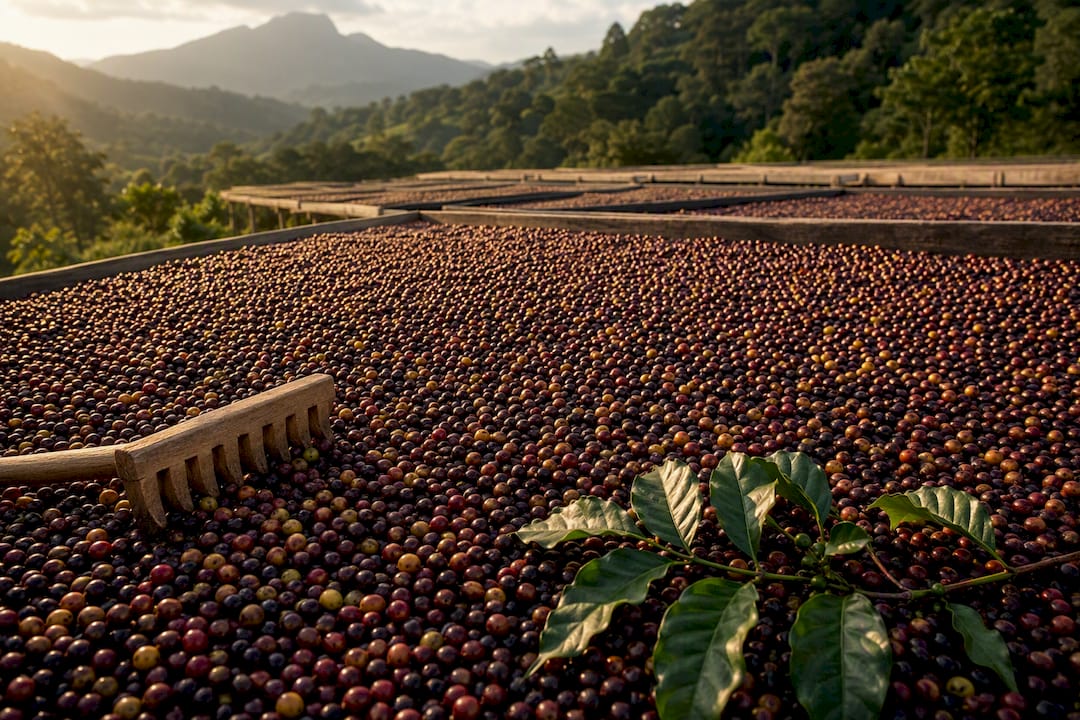 Coffee cherries drying on raised estate beds