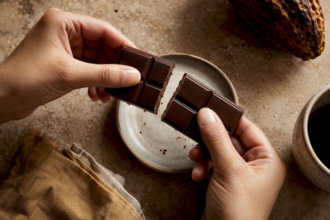 Hands snapping a tempered chocolate bar