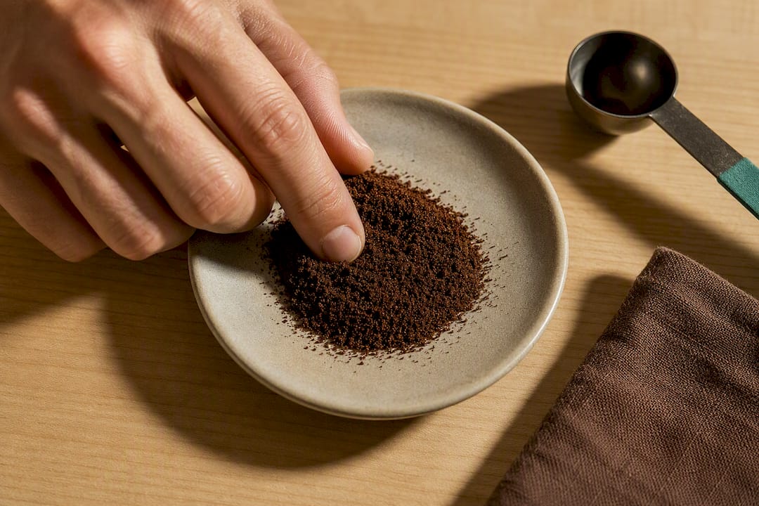Dedos verificando la textura del café molido