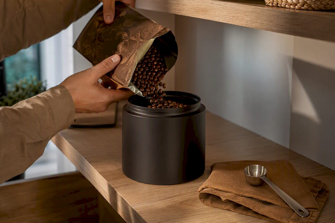 Granos de café almacenados en un envase opaco
