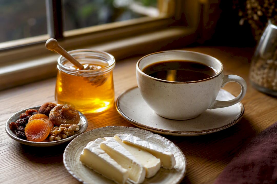 Café acompanhado de mel, frutas secas e queijo