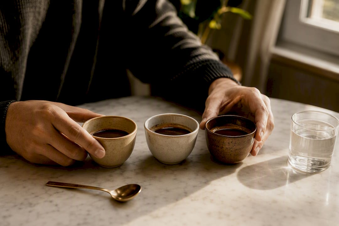 Three coffee cups prepared for tasting