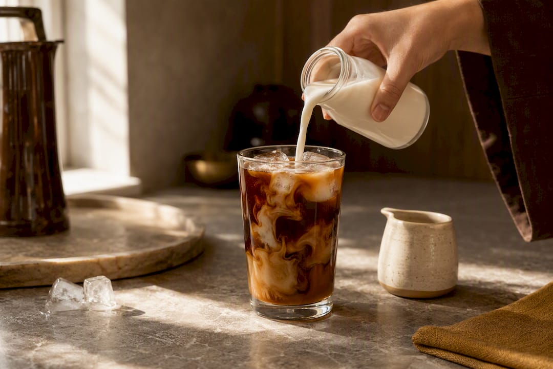Oat milk poured into iced cold brew