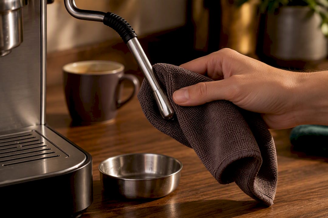 Main en train de nettoyer une buse vapeur d’expresso