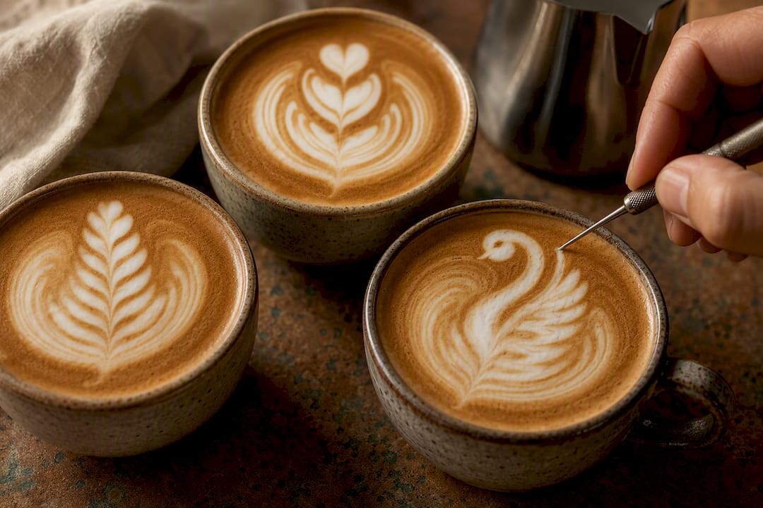 Trois tasses avec des motifs de latte art complexes