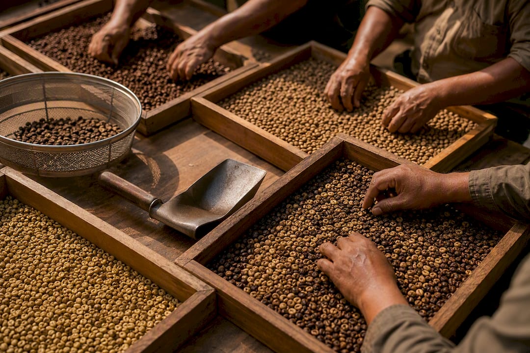 Seleção manual de diferentes lotes de café