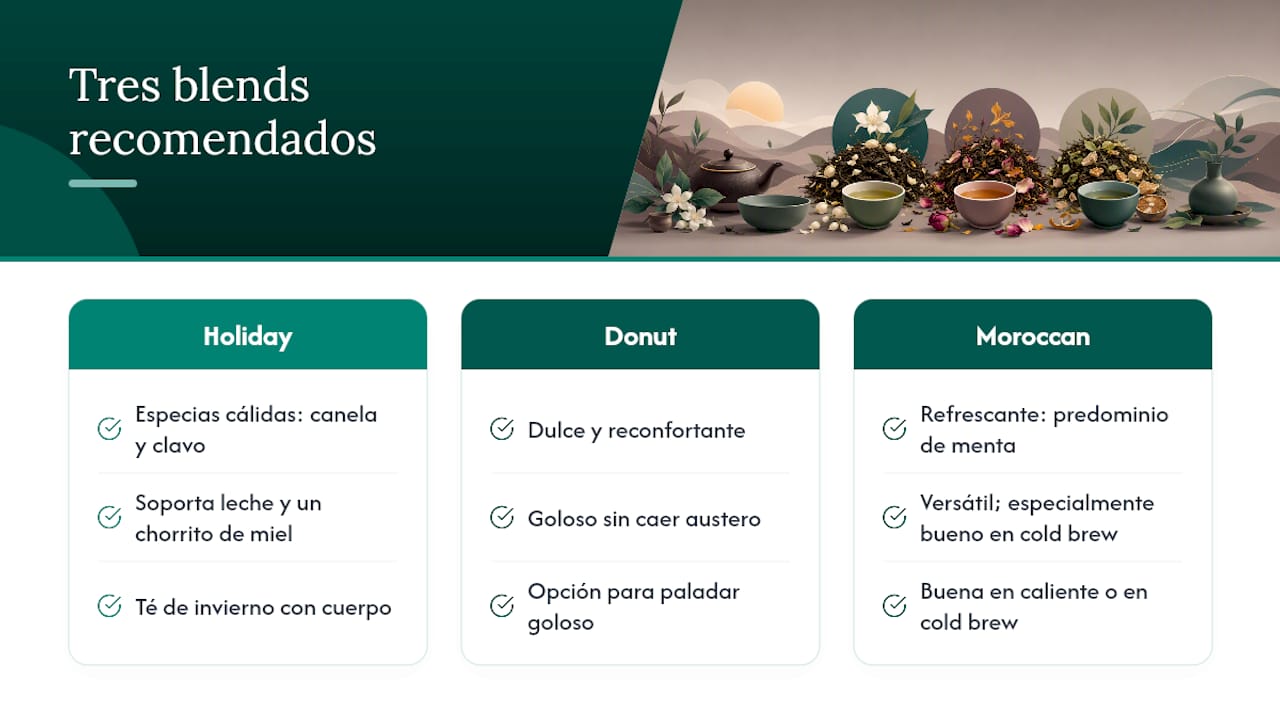 Nuestras recomendaciones para empezar: Holiday Blend, Gourmet Donut Shop y Moroccan Mint — overview diagram