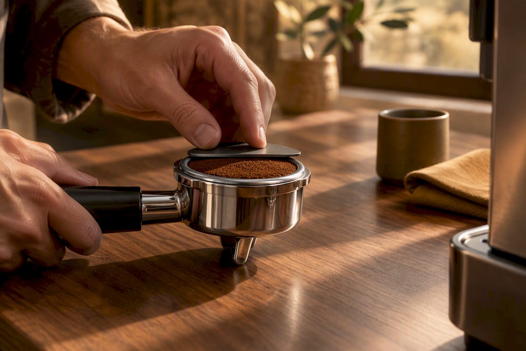 Hands distributing espresso grounds evenly