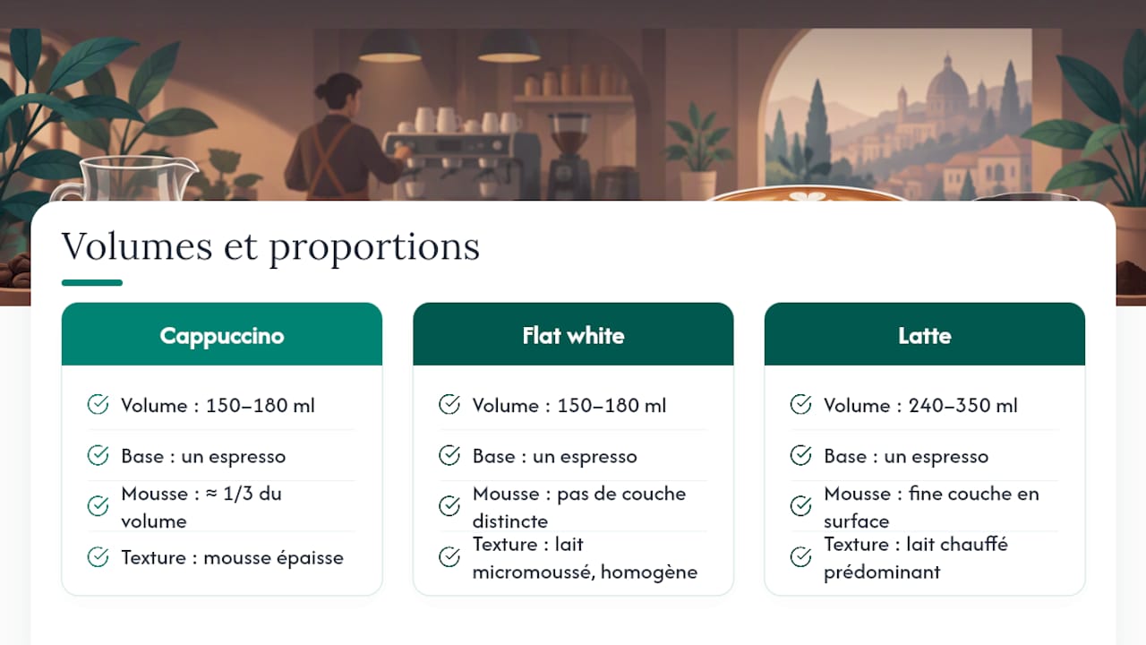 Comparaison des volumes entre cappuccino, latte et flat white