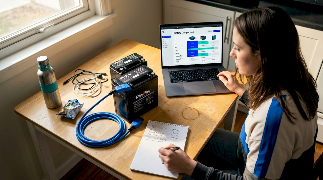 Comparing motorcycle battery specs at kitchen table