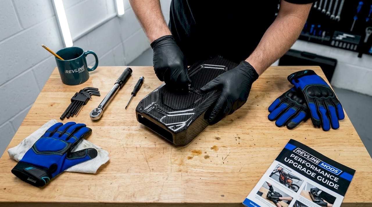 Hands installing carbon battery case on Surron bike