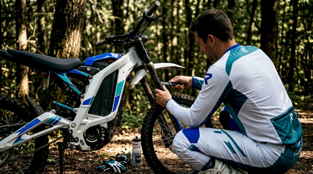 Rider adjusting suspension at trail edge
