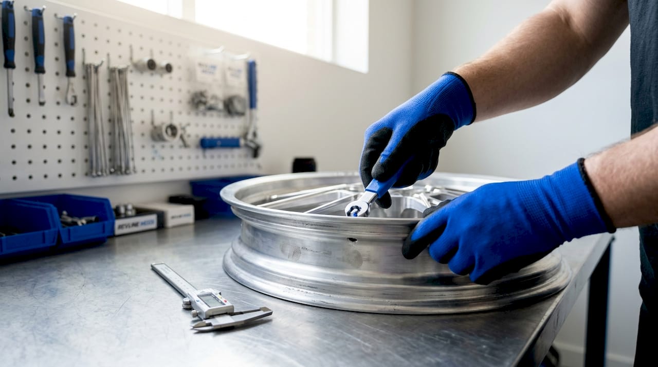 Hands assembling forged aluminum wheel