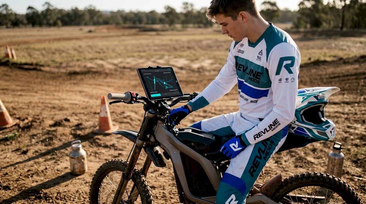 Rider adjusting electric bike suspension during test