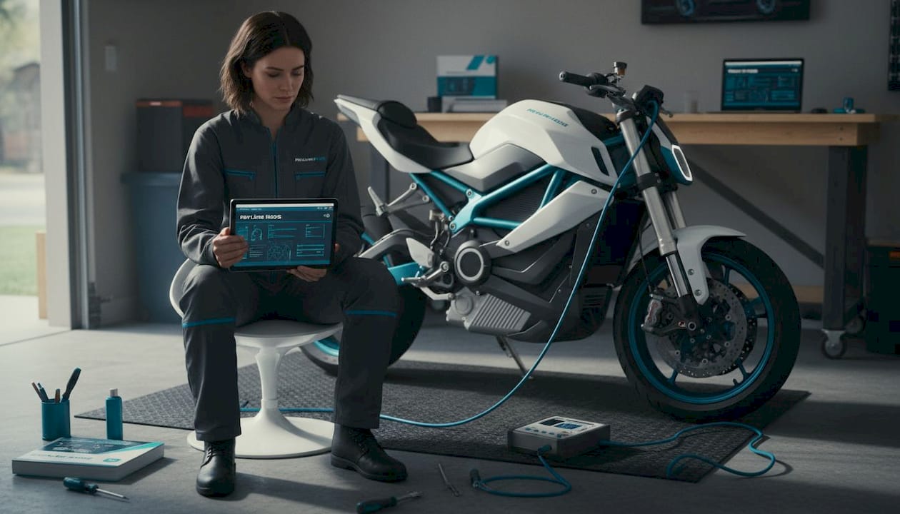 Rider checking diagnostics in home garage with tablet