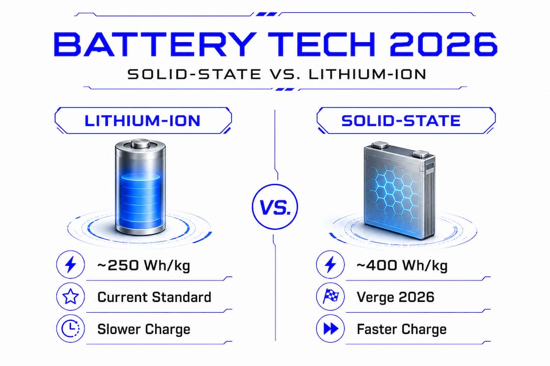 Battery technology comparison infographic, solid-state versus lithium-ion