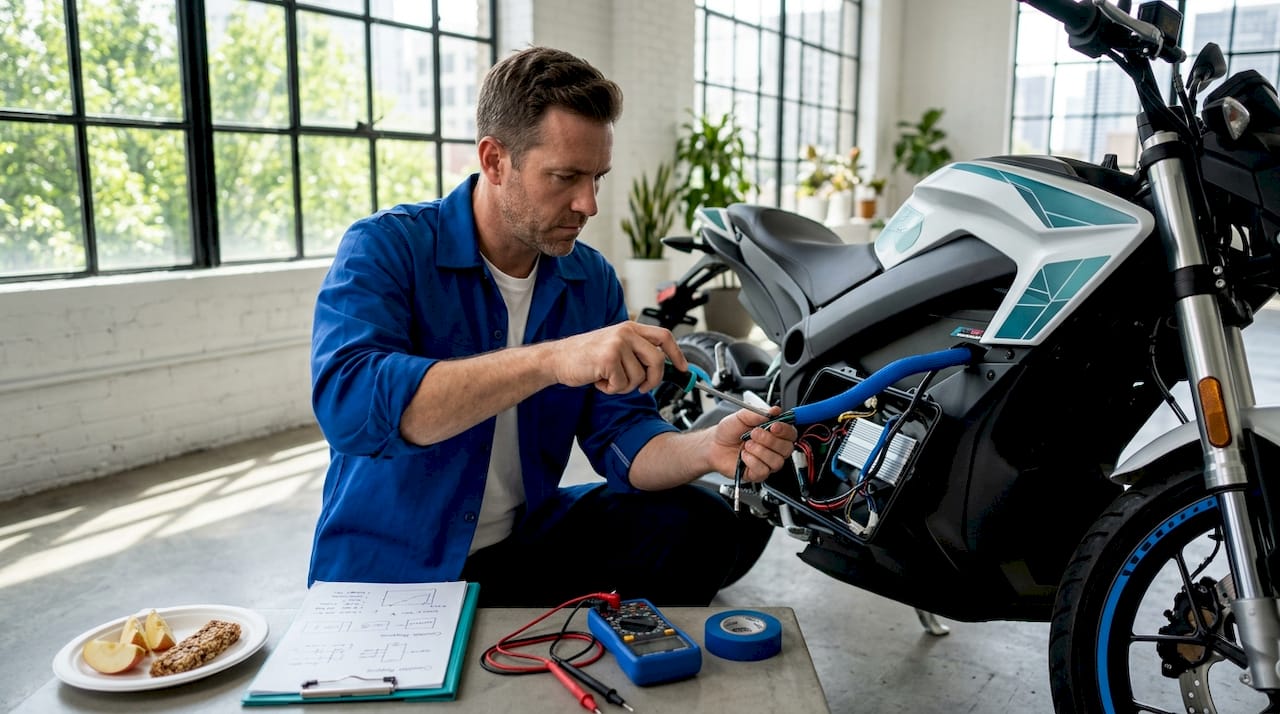 Technician adjusting motorcycle controller wiring