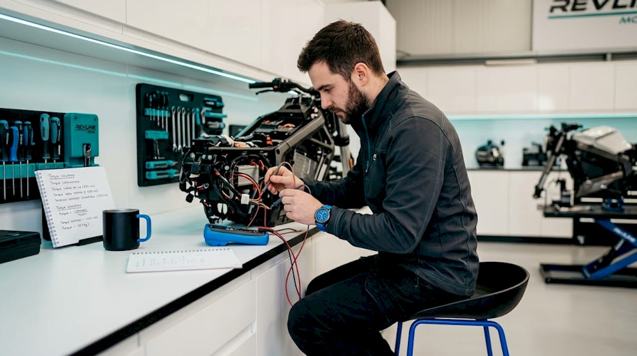 Engineer testing field-oriented control on motorcycle