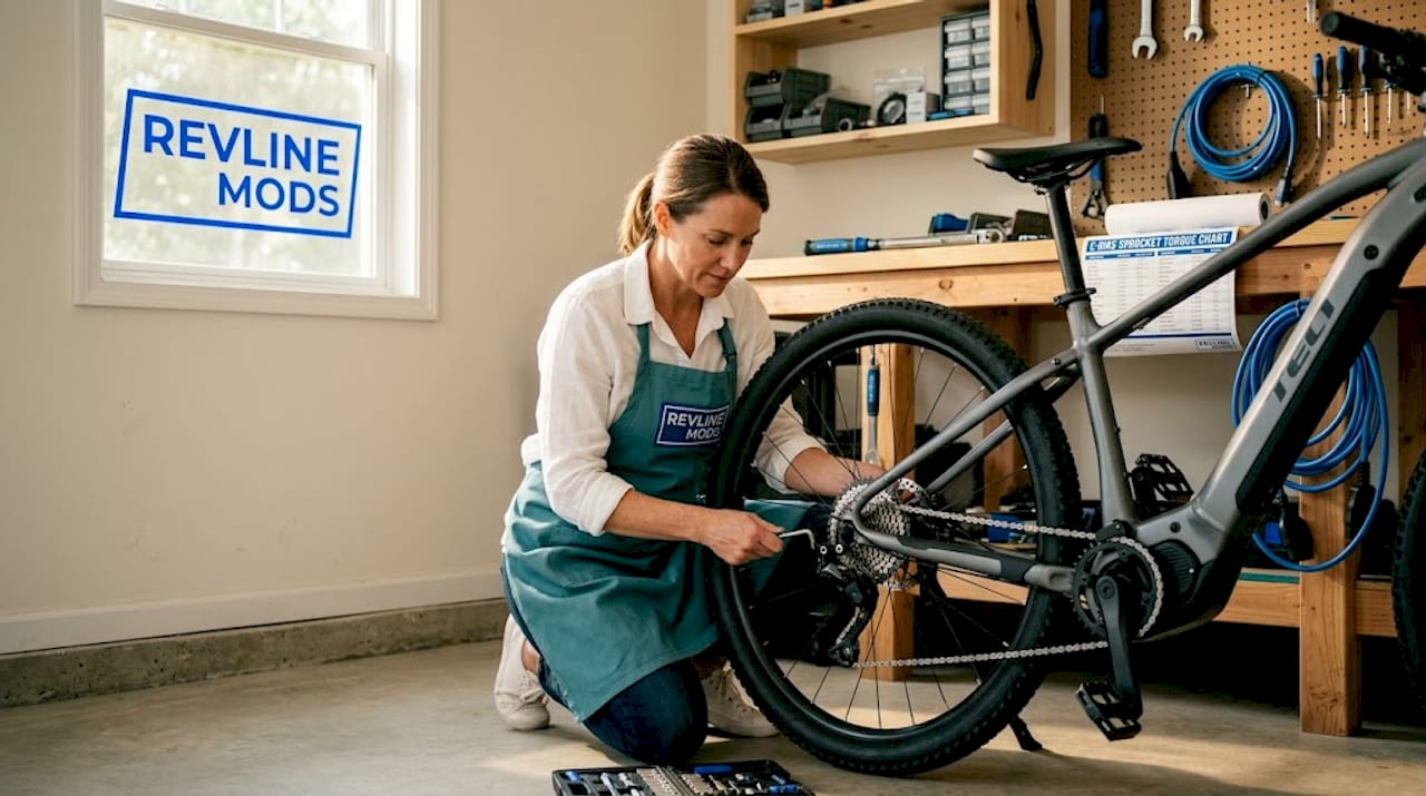 Bike technician adjusting electric bike gears in workshop