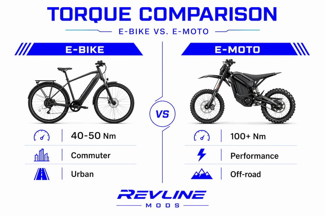 Infographic comparing torque ranges for e-bikes and e-motorcycles