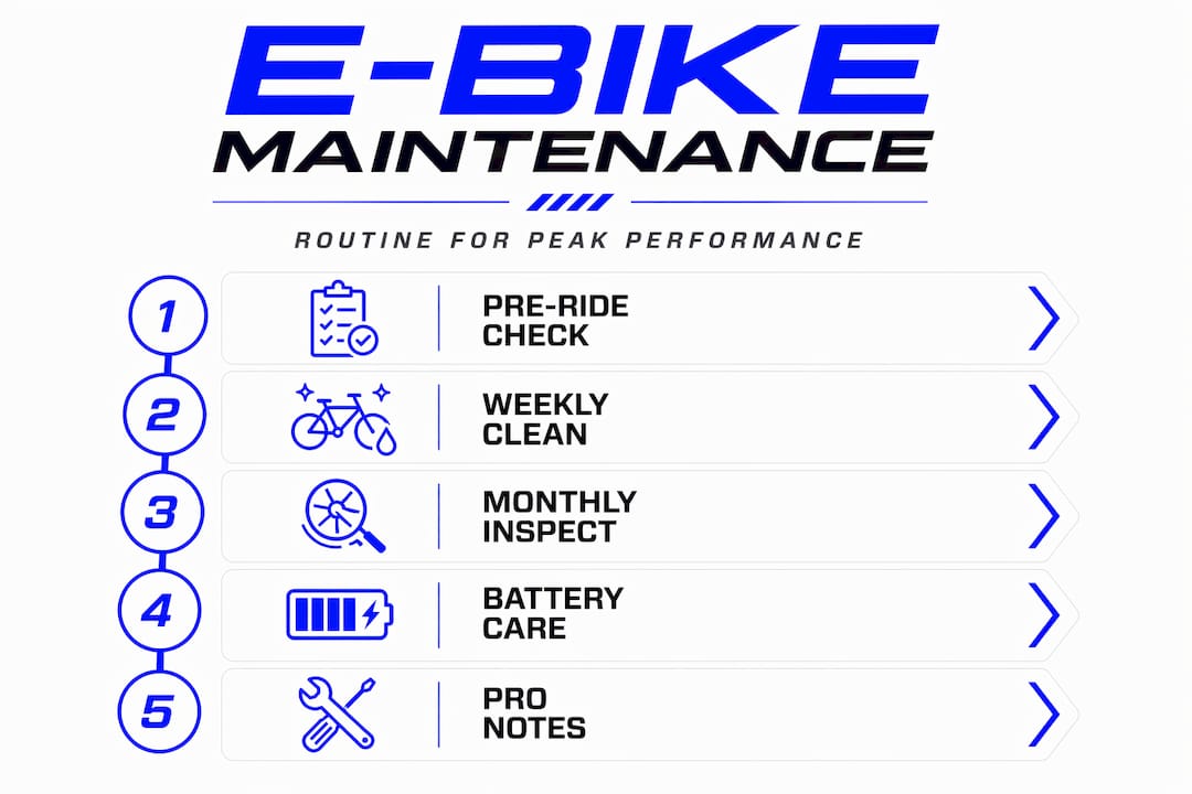 Infographic showing e-bike maintenance routine steps