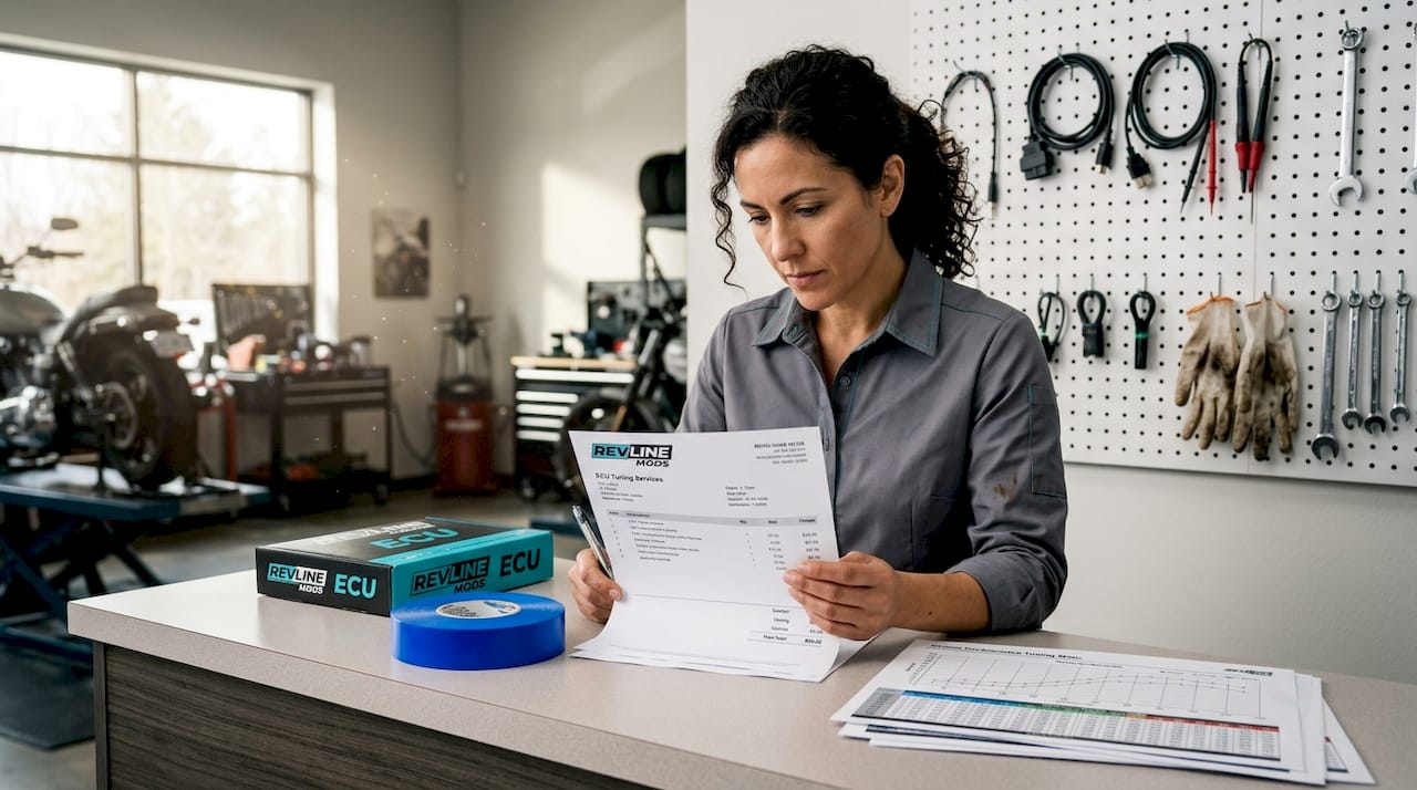 Shop manager reviewing ECU tuning invoice