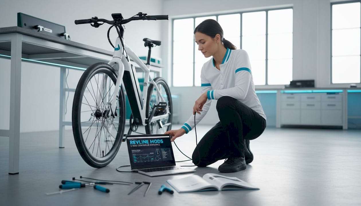 Woman configuring e-bike controller at home