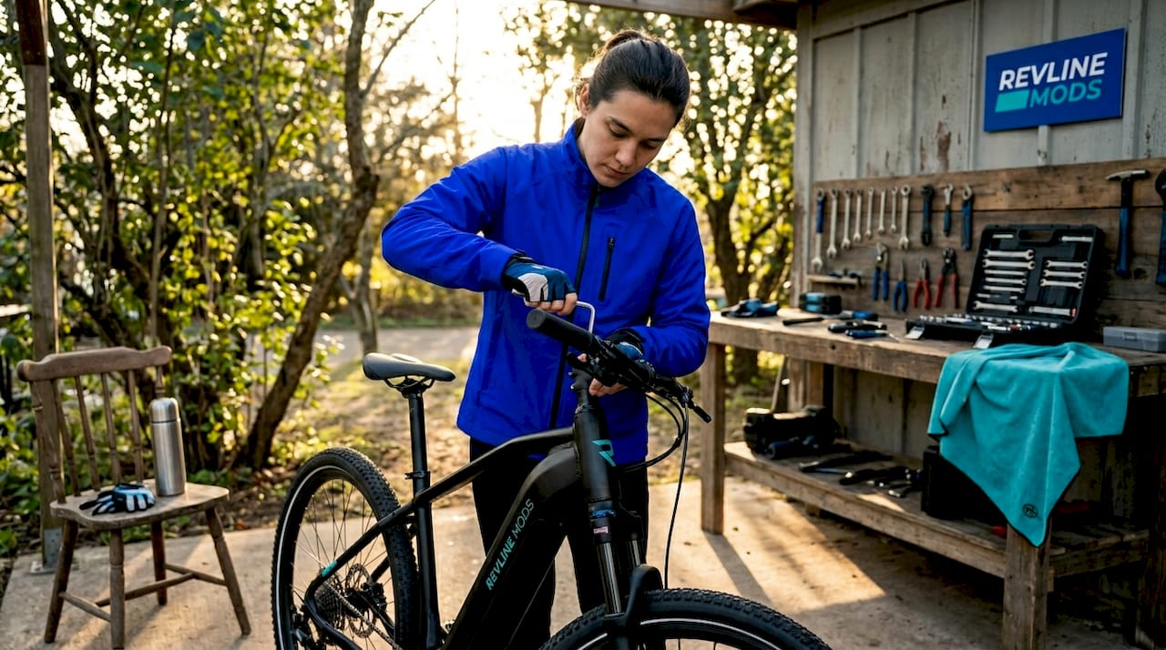 Person adjusting e-bike handlebars in home garage