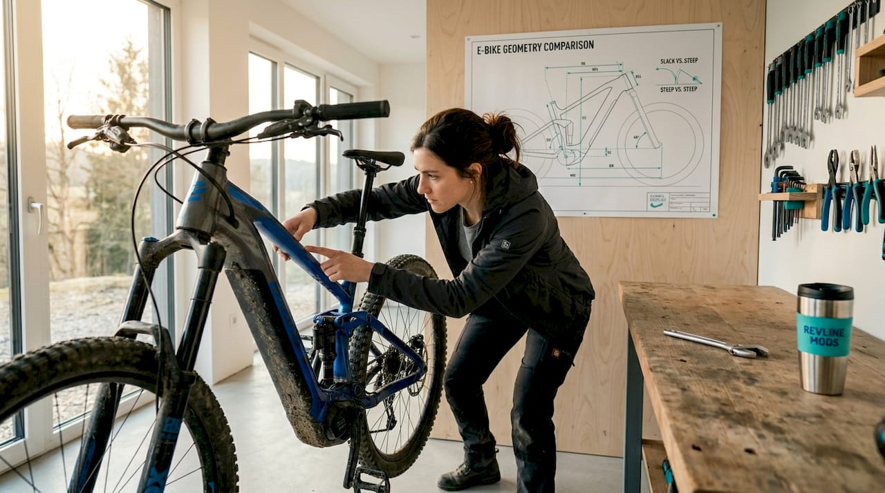 Woman inspecting electric bike frame geometry
