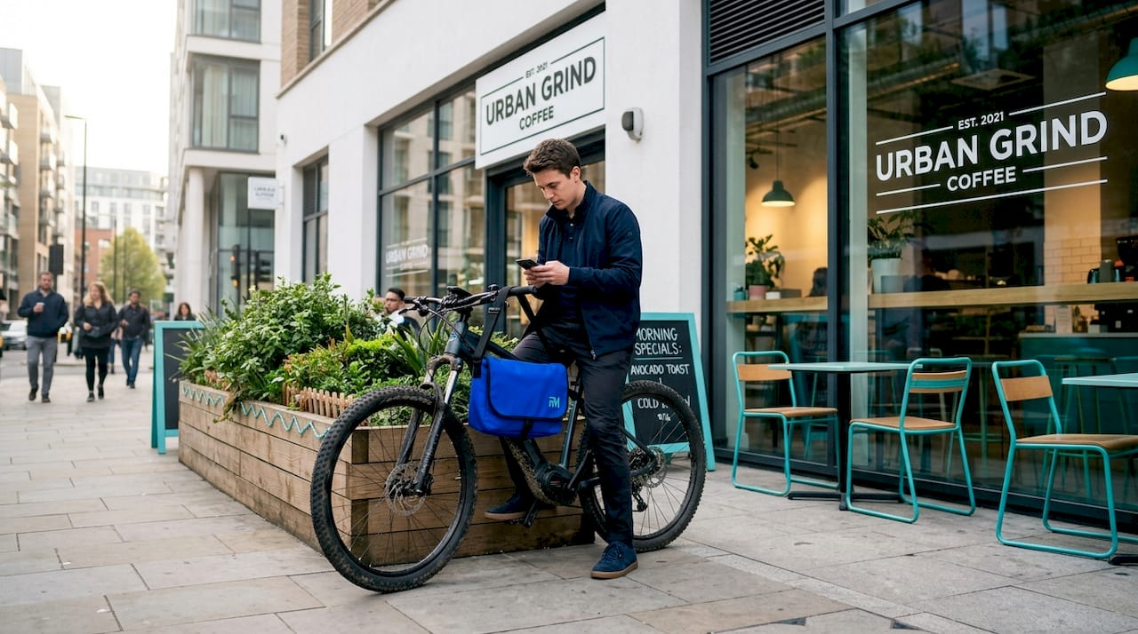 Commuter with hardtail e-bike downtown