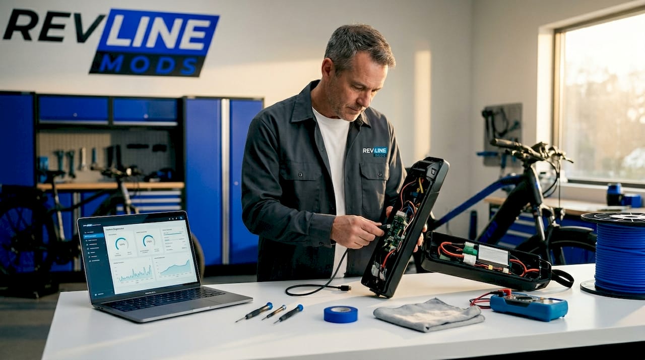 Technician tuning e-bike controller in garage