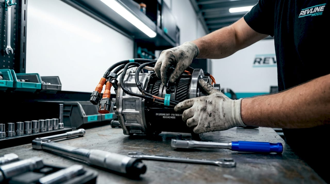 Hands working on electric off-road drivetrain