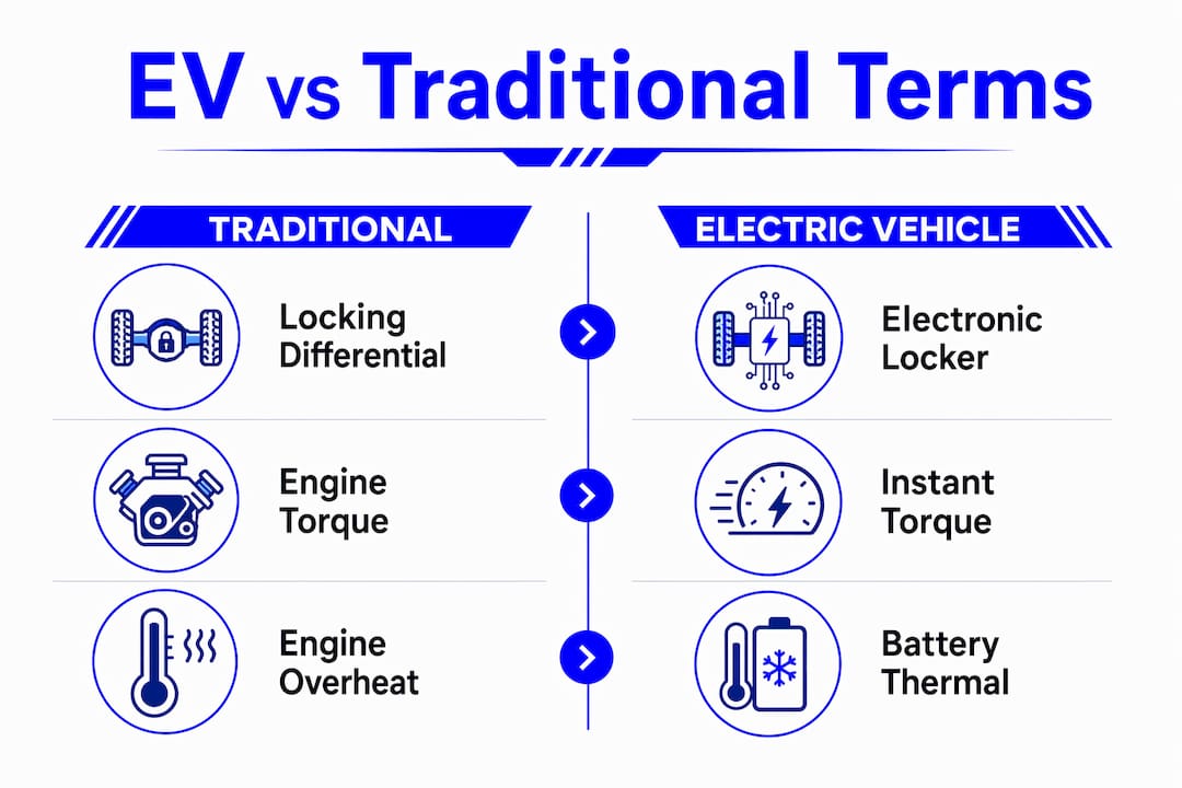 Infographic comparing traditional vs electric off-road vehicle terms