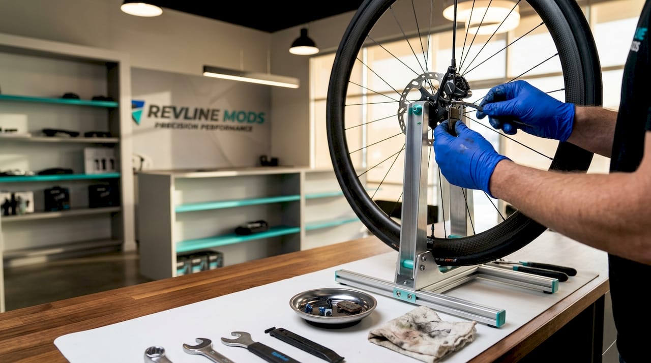 Hands upgrading bike disc brakes in workshop