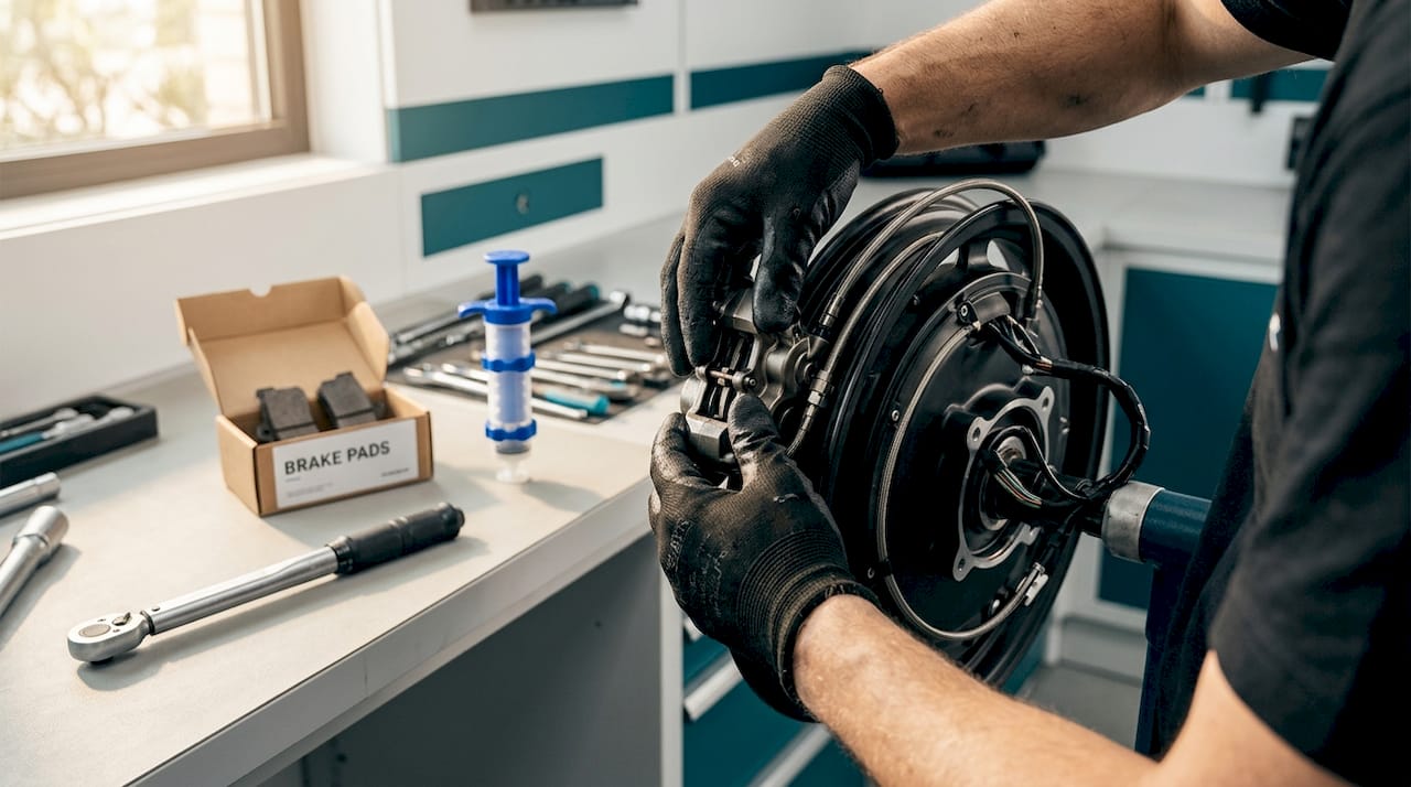 Hands installing hydraulic brake caliper on e-moto wheel