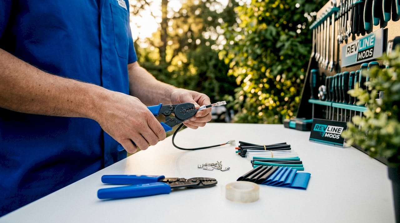 Hands crimping wires for motorcycle lighting installation