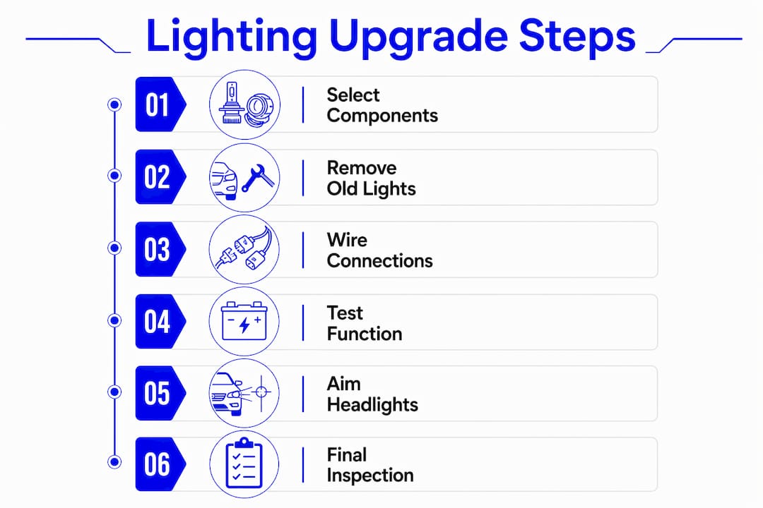 Infographic outlining electric motorcycle lighting upgrade steps