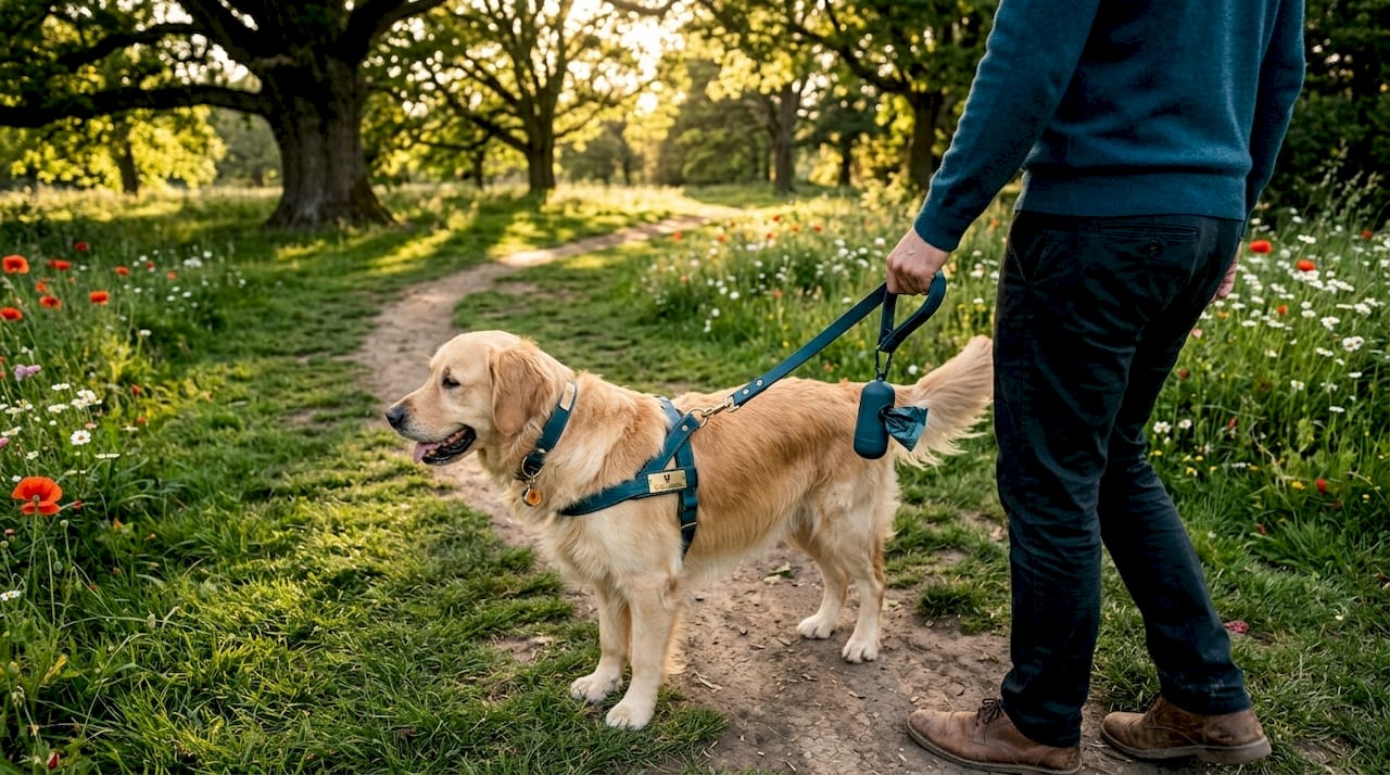 Balade avec mon chien en harnais dans un parc de la ville