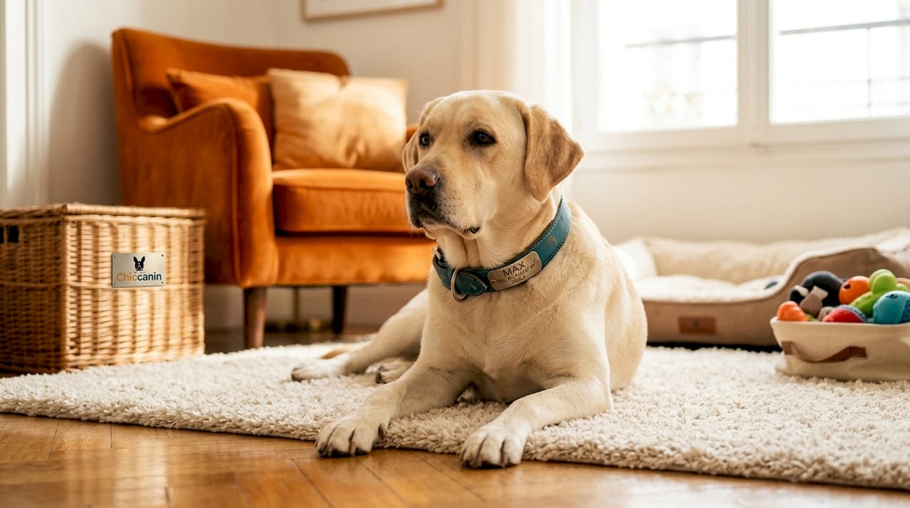 Un chien portant un collier personnalisé se prélasse dans le salon.