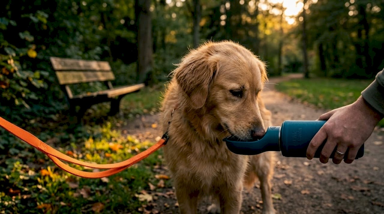 Lors de sa balade, le chien s’hydrate en buvant dans sa gourde.