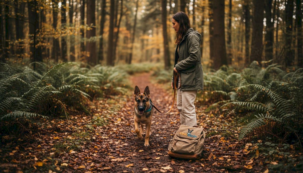 Un chien se balade dans le parc, attaché à une longe.