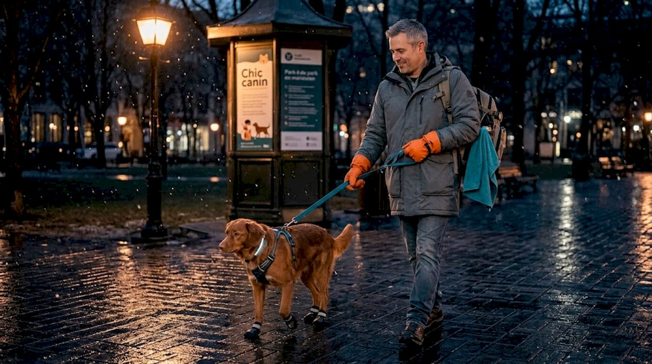 Balade sous la pluie en soirée, mon chien bien équipé avec son manteau et sa laisse réfléchissante.