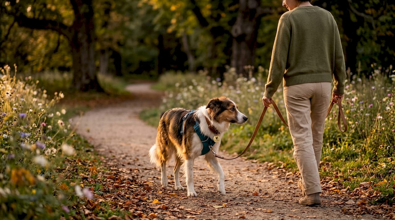 Un chien tenu en laisse profite tranquillement d’une balade au parc.