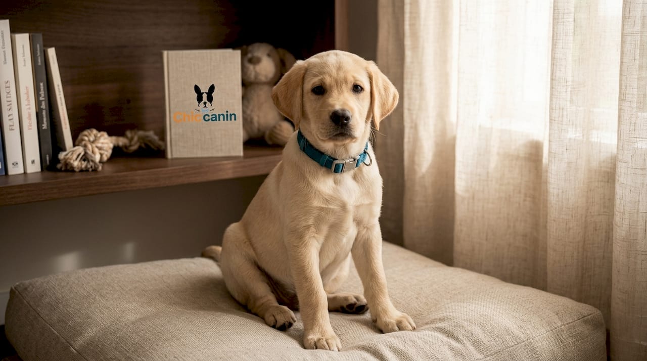 Un chiot joue dans le salon, arborant un collier en nylon ajustable.