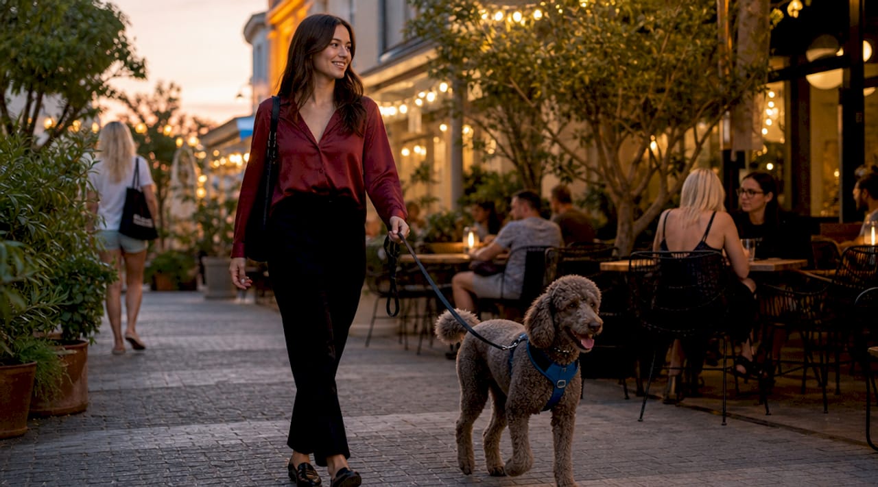 Une femme élégante se promène tranquillement avec son chien, la laisse détendue à la main.