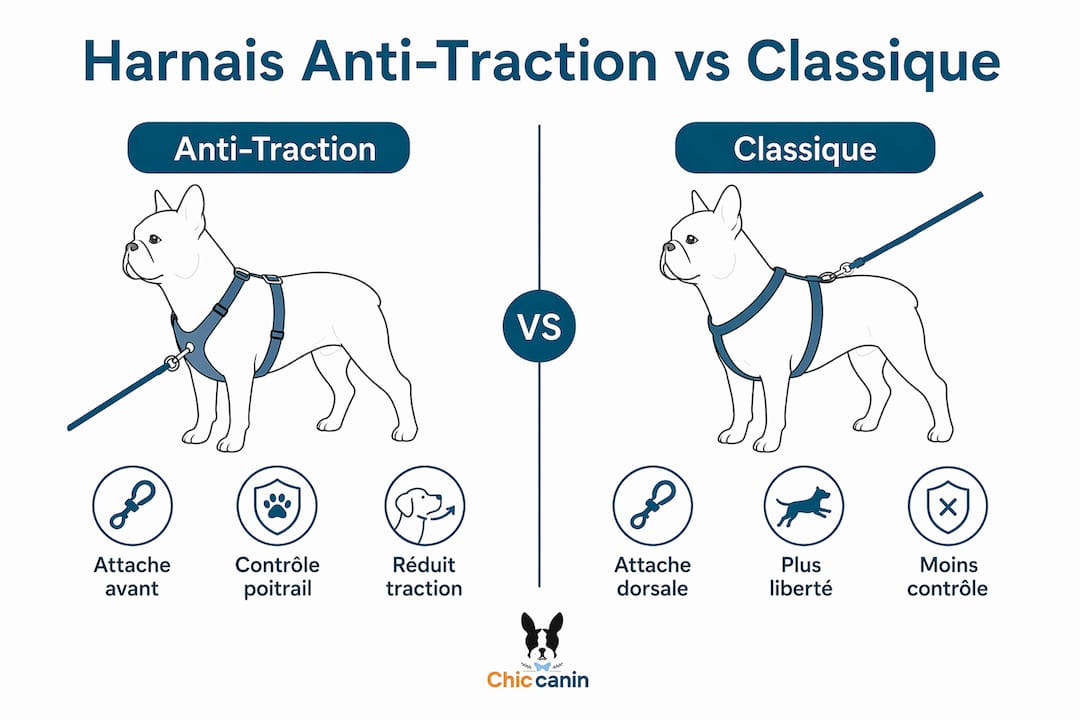 Infographie : harnais anti-traction vs harnais classique – le comparatif