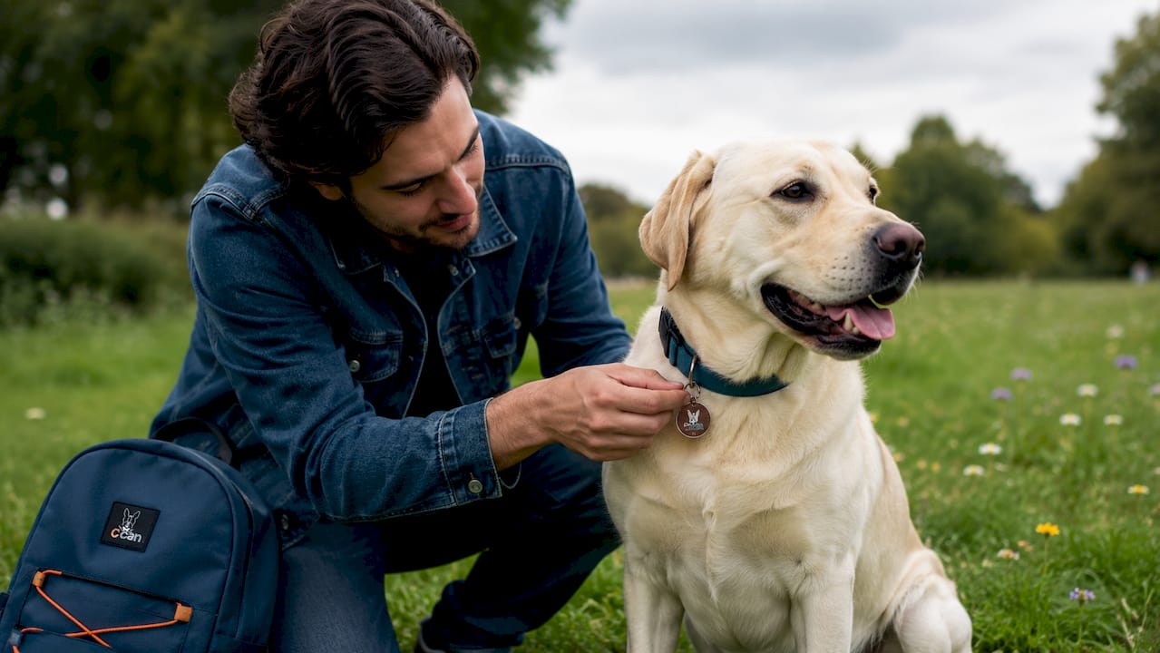 Un maître en train de régler la médaille accrochée au collier de son chien