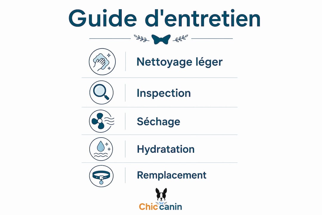 Découvrez en un clin d’œil les différentes étapes pour entretenir efficacement les accessoires de votre chien grâce à notre infographie pratique.